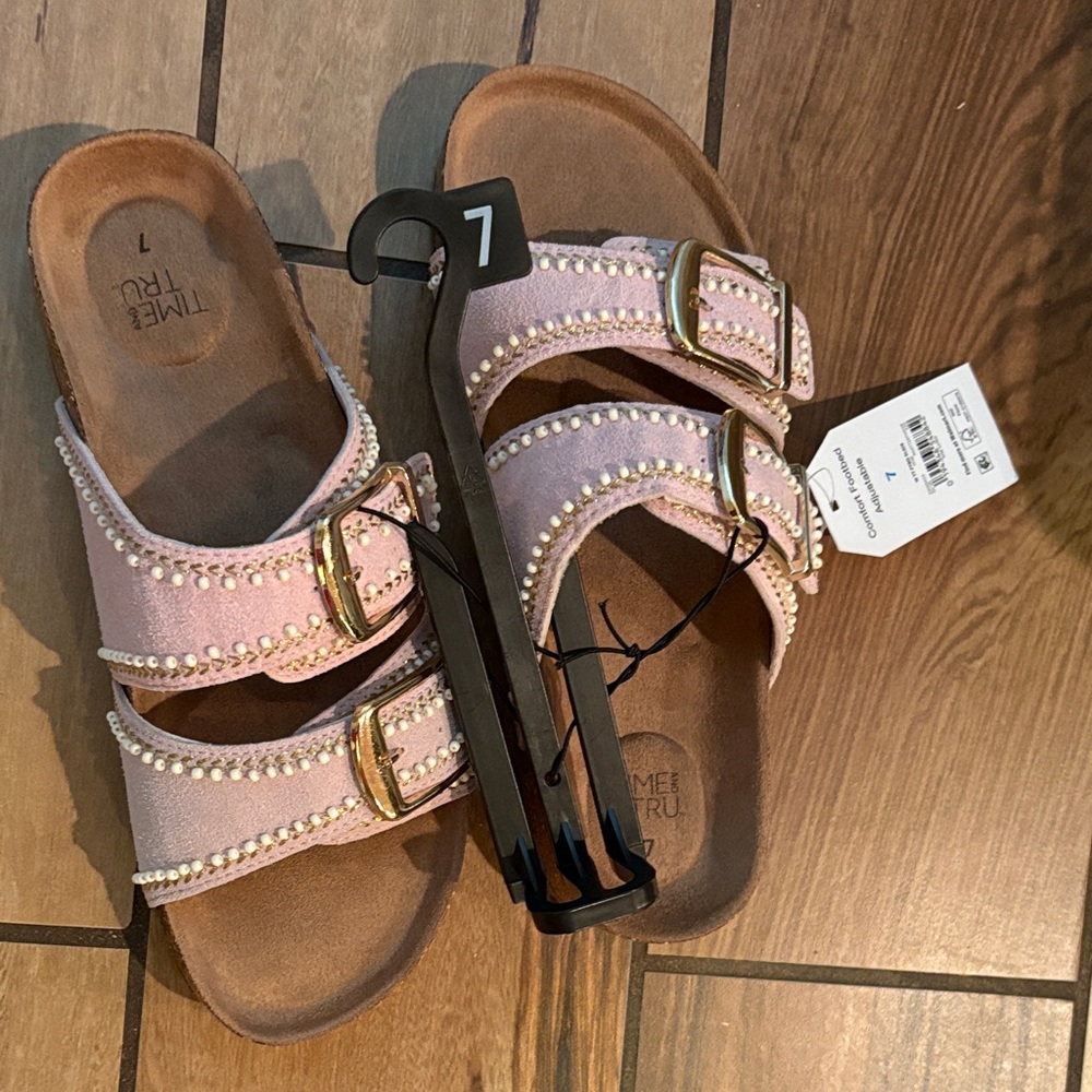 Time and Tru Pink Double Buckle Pearl Trim Sandals